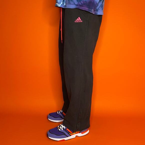 Adidas Sweatpants Jet Black Cotton Pink Logo Ankle Breakway Buttons Can Flare - Picture 1 of 4